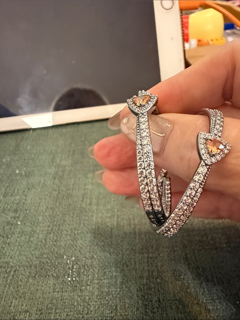 Silver Crystal Heart Bangle Bracelet with Peach Accent